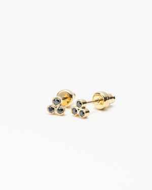Gold stud earrings with a cluster of three round black gemstones, photographed on a plain white background.