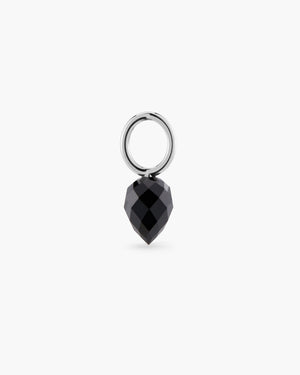 Silver hoop with black gemstone drop charm on a white background