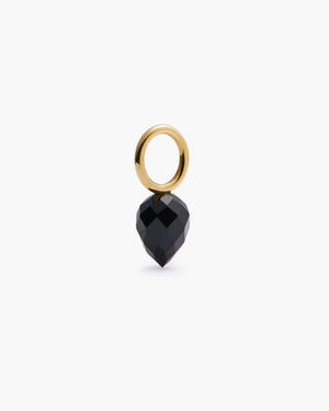 Black teardrop charm with a gold ring, on a plain white background.