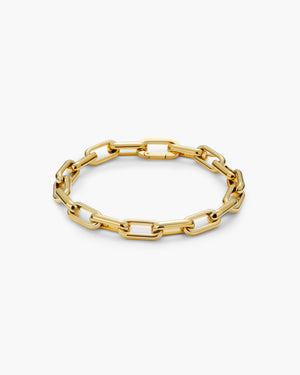 Gold chain link bracelet with a lobster clasp closure, photographed on a plain white background.