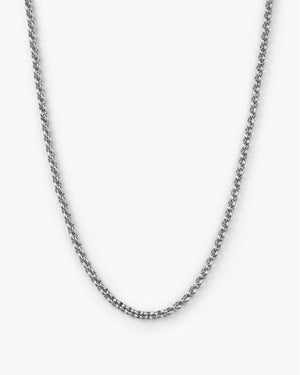 Silver rope-chain necklace laid flat on a plain white background.
