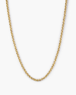 Gold woven chain necklace, laid out to show its full length, on a plain white background