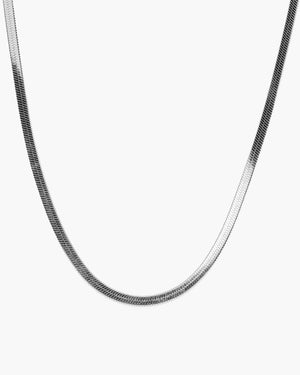 Silver snake chain necklace on white background