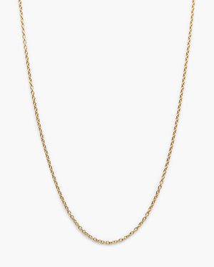 Gold cable chain necklace on a white background