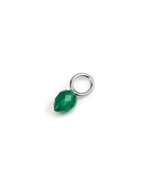 Silver hoop with green gemstone charm on a white background