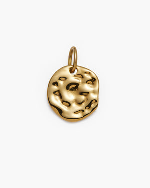 Gold round textured pendant with an organic, rippled surface, photographed on a plain white background.
