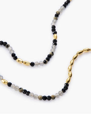 Close-up detail of a beaded necklace with faceted black, gray, and gold beads, on a plain white background