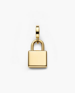 Gold padlock charm pendant with polished finish, shown on a clean white background as part of the LUAH jewelry collection.