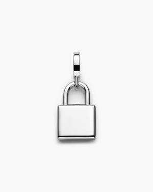 Silver padlock charm pendant with polished finish, shown on a clean white background as part of the LUAH jewelry collection.