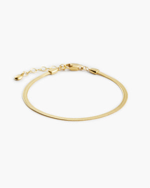 Gold snake chain bracelet with a lobster clasp and extender chain, laid flat on a white background.