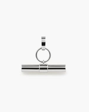 Silver T-shaped bar pendant with a hoop and ring attachment, laid flat on a white background.