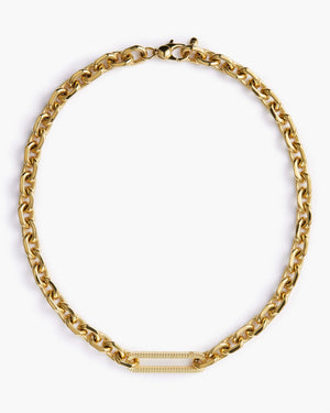 Gold chain-link necklace with textured ribbed bar detail and lobster clasp on white background