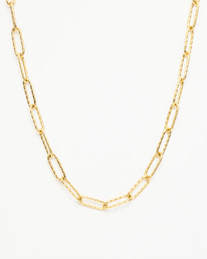 Gold textured chain necklace against white background
